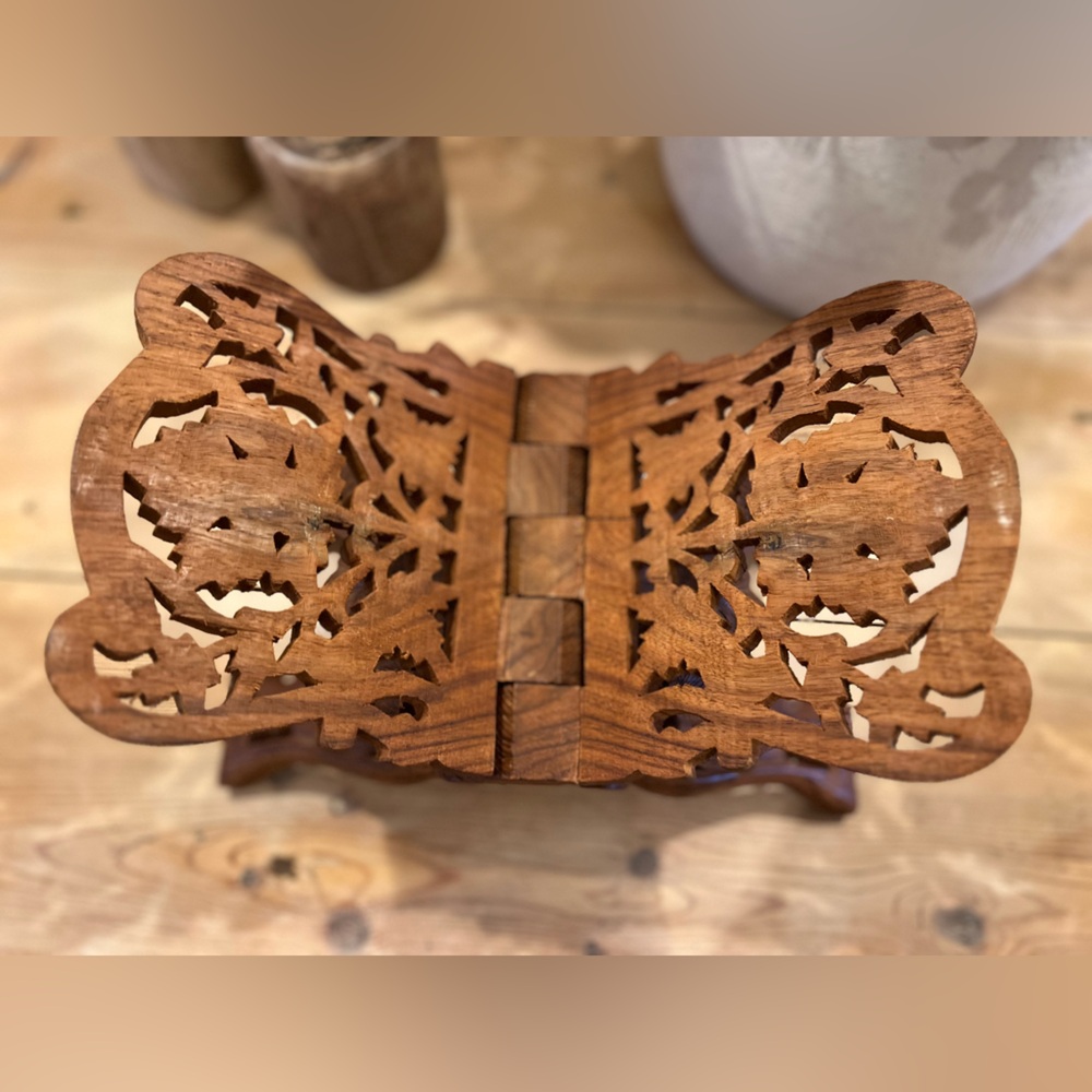 Vintage Hand Carved Wood Folding Book Rack Magazine Holder India Handmade
